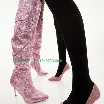 Doamna bling pink cererii tocuri stras peste genunchi cizme sexy negru argintiu cizme roz rochie de petrecere, cizme a subliniat toe dimensiune