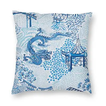 Antic Chinez Dragon Chinoiserie față de Pernă cu Imprimeu Albastru Delft Salcie Pagoda Arunca Pernă pentru Living Decor Acasă