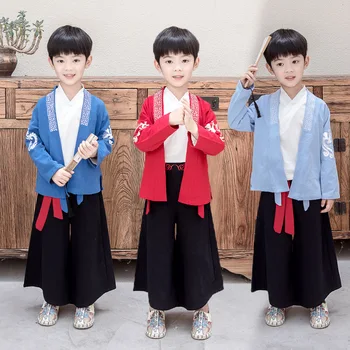 Noul Retro Roșu Băiat Și Fată Stil Chinezesc Tradițional Hanfu Broderie Dragon Phoenix Tang Costum Din Trei Piese, Set Joc De Rol Producatoare