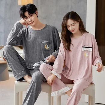 2022 Toamna Iarna Cuplu Maneca Lunga din Bumbac Pijama Seturi pentru Femei coreene Liber Sleepwear Costum de Pijama Barbati Homewear Haine de Acasă