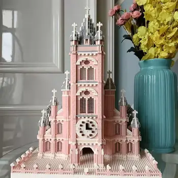 Arhitectura lumii Roz Sacred Heart Biserica Castel 3D Mini Diamond Blocuri Caramizi de constructie de Jucarie pentru Copii Cadou Cutie