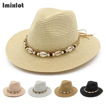Pălării de vară Pentru Femei Anglia Stil Margine Largă Pălării de Paie Parasolar Shell Margele Pălărie Panama Călătorii Beach Hat pentru Femei Strawhat