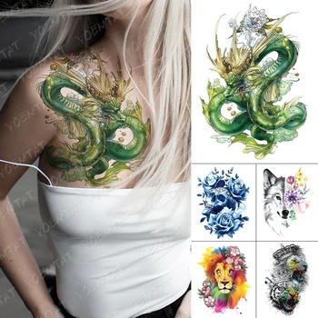 Impermeabil Tatuaj Temporar Autocolante Dragon Sarpe Nor Bujor Floare Verde Flash Tatuaje Femeie Body Art Fals Maneci Tatuaj De Sex Masculin