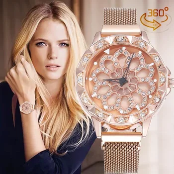 De Vânzare la cald Norocos Femei Ceasuri 2019 a Crescut de Aur Rotirea Flori de Ceasuri relogio feminino de Moda Diamant Magnetic Cuarț Ceas