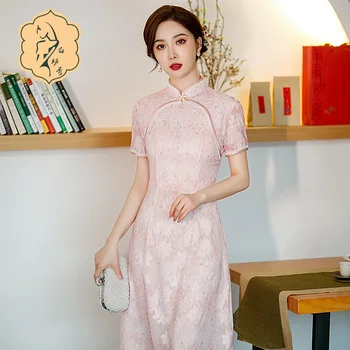 2022 primăvara, vara și toamna noul mediu și lung split cheongsam rochie roz îmbunătățit Chineză stil de rochie