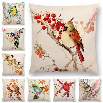 Acuarelă Păsări Serie Pernele De Acoperire Goldfinch Chickadee Cardinal Kingfisher Printuri De Pernă