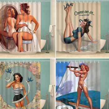Anime personalizate Sexy 3D Imprimate Perdea de Duș de Epocă American Fata de Frumusețe Poliester Impermeabil Decor Baie Cortina cortina