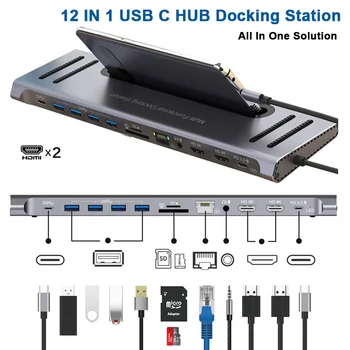 C USB HUB Cu 2 HDMI 4K Dual Monitor cu Suport pentru Tabletă Gigabit RJ45 PD 3.5 mm SD/TF, USB-C Date Stație de Andocare pentru MacBook Pro