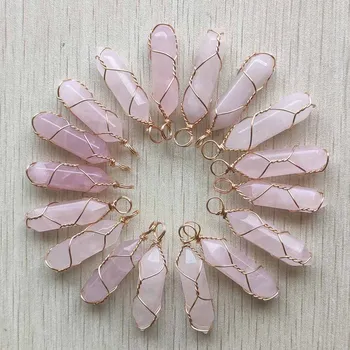 Naturale cuart roz stâlp de piatră de formă manual de aur de culoare de sârmă pandantive pentru a face bijuterii transport gratuit en-Gros 24buc/lot