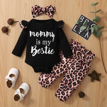 Copil Copil Nou-născut Fete Haine Seturi de Fete de Moda Scrisoare Print Romper Leopard Pantaloni Bentita 3PCS Tinuta Fete Îmbrăcăminte 3M 6M
