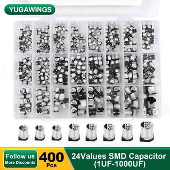 400buc Yugawings SMD Condensator Electrolitic Asortate Kit 24Values 1uF-1000uF 2.2 4.7 uF uF 10uF 22uF 47uF 100uF 220uF 330uF 470uF