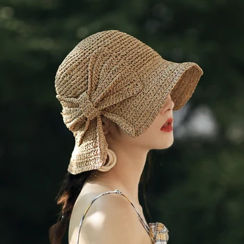 Casual Vintage Pălărie de Paie Arc Palarie de Soare Margine Largă Pălării de Vară pentru Femei Beach Pai Dom Găleată Pălărie Femme Umbra Găleată Pălării